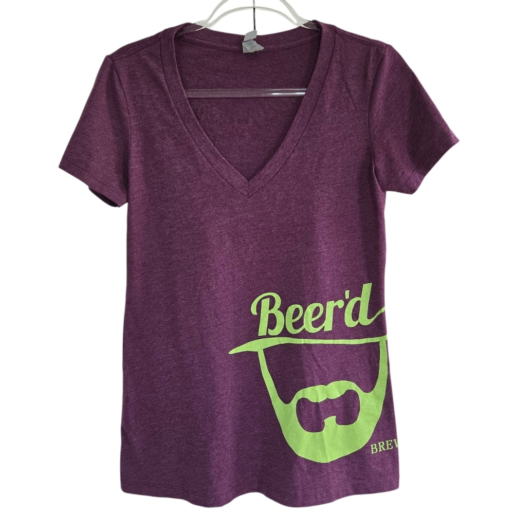 Beer'd Brewery Connecticut T-Shirt Size L Purple w/Green Logo V-Neck Beer Summer